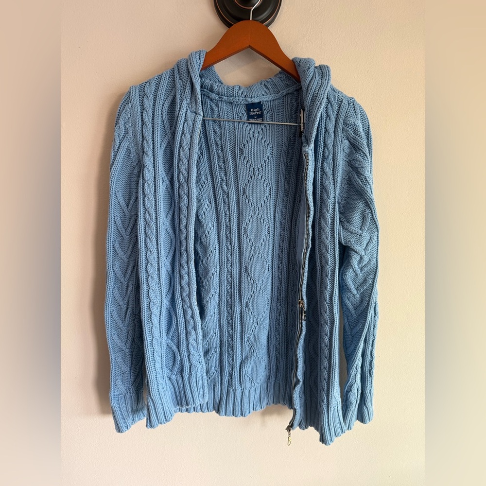 High Sierra Womens Light Blue Cable Knit Full Zip Hooded Cardigan Sweater Medium